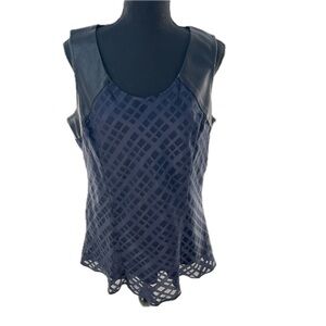 5 twelve Textured Blouse w/PU Leather Trim Lined Dark Navy & Black Size Large